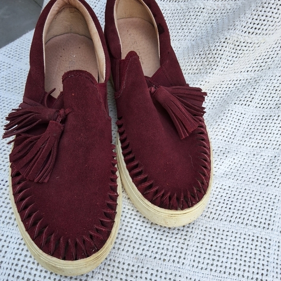 J.J. Slides Wine Suede Tassel Slip On Sneakers Womens Size 10 Boho Fringe - Picture 7 of 10